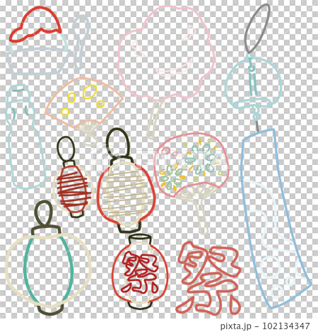 A color line drawing set inspired by summer and festivals such as wind chimes and lanterns 102134347