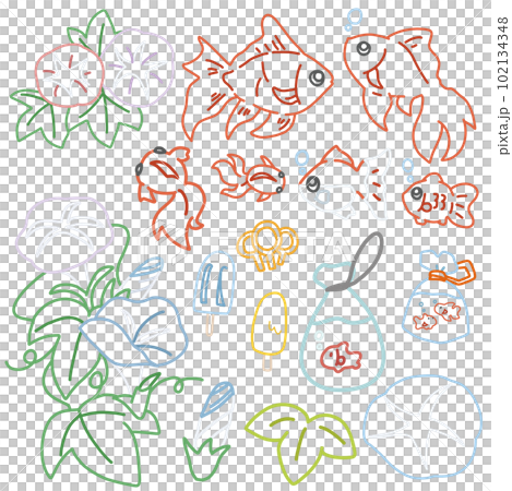 Color line drawing set that imaged summer such as goldfish, morning glory and ice cream 102134348