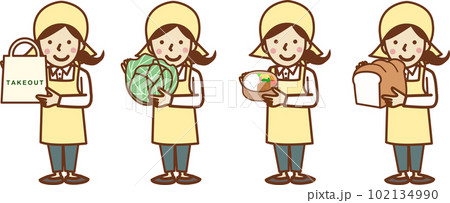 紙袋、キャベツ（野菜）、お弁当、パンを持つエプロン姿の笑顔の女性のセットイラスト。 102134990