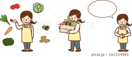 野菜とエプロン姿の笑顔の女性のセットイラスト。ふきだし。配達。 野菜とエプロン姿の笑顔の女性のセットイラスト。ふきだし。配達。 102134993