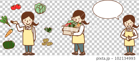 一個穿著圍裙、帶著蔬菜的微笑女人的一組插圖。會話框。送貨。 102134993