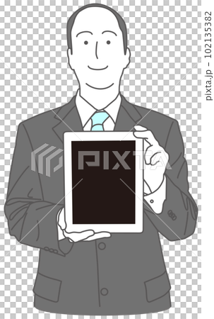 一個穿西裝的男人展示平板設備的屏幕 102135382