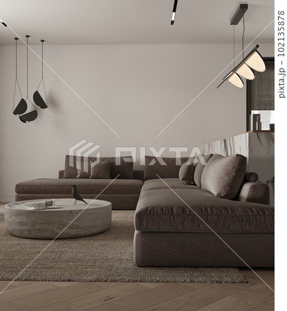 Simple classic minimalism white gray interior livingroom with stone table, lamp, ceiling lighting and armchair. Mock up empty wall. 3d rendering. High quality 3d illustration 102135878