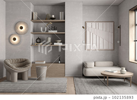 Australian minimalism concept style of livingroom interior design with brown floor and vintage window. Mockup template. Creative carpet, lamp and furniture. 3d rendering. High quality 3d illustration Australian minimalism concept style of livingroom interior design with brown floor and vintage window. Mockup template. Creative carpet, lamp and furniture. 3d rendering. High quality 3d illustration 102135893