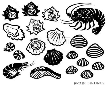 海の幸の切り絵風シルエットイラストセット 102136997