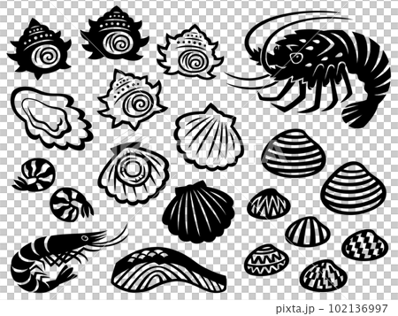 海の幸の切り絵風シルエットイラストセット 102136997