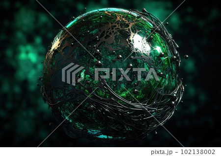 Network technology background futuristic tech green sphere background. Low poly 3d wire made with generative AI Scy fi space illustration 102138002