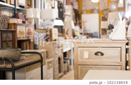 Image of designer furniture store with wooden chest Image of designer furniture store with wooden chest 102138659