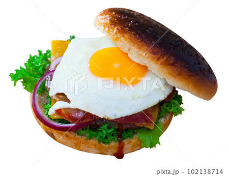 Cheeseburger with fried egg Cheeseburger with fried egg 102138714