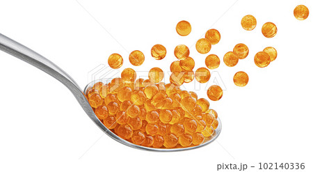 Red caviar in spoon isolated on white background, full depth of field 102140336