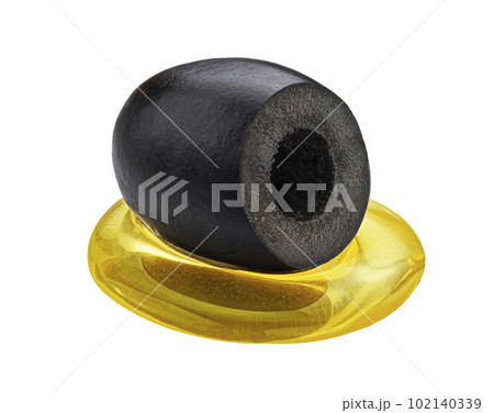 One black sliced olive with virgin oil isolated on white background 102140339