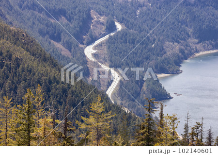 Aerial view of Sea to Sky Highway in Squamish, BC, Canada. 102140601