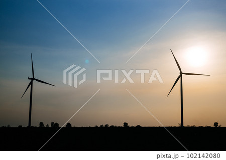 Windmill industrial farm with cloud and a blue sky, Wind turbine field 102142080