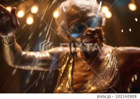 Carefree old black woman wears shiny dress and dancing at her anniversary party. Generative AI illustration 102142909