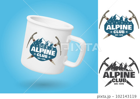 White camping cup. Realistic mug mockup template with sample design. Alpine club badge. Vector. Vintage typography design with ice axe, rock climbing Goat and mountain silhouette 102143119