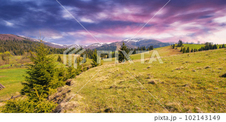 serene sunset over rural field. green meadow on the hill. mountain ridge in the distance 102143149