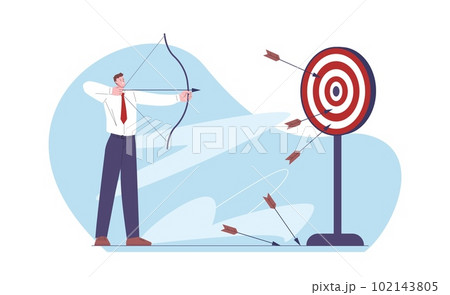 Businessman and target. Targeted campaigns, confident man aim with arrow. Highly achievement and incentive, growth challenge kicky vector scene 102143805