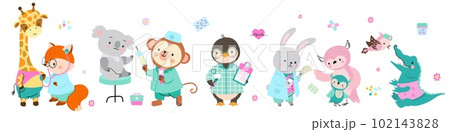 Animal doctors and patients. Cute sick koala and giraffe, tiny owl with mother at doctor. Animals pediatricians, nursery and ambulance nowaday vector characters 102143828