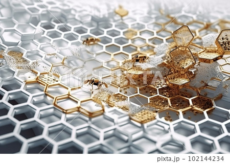 Network connection concept gold honeycomb shiny white background. Futuristic Abstract 3D Geometric Background Design Made with Generative Space Illustration AI Scy fi Network connection concept gold honeycomb shiny white background. Futuristic Abstract 3D Geometric Background Design Made with Generative Space Illustration AI Scy fi 102144234
