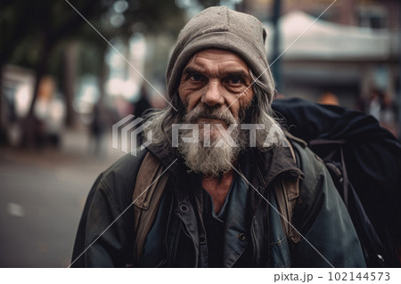 Homeless man portrait. Aged bearded man. Generative AI 102144573