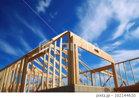 New house construction. Wooden frame with truss, post and beams. Generative AI New house construction. Wooden frame with truss, post and beams. Generative AI 102144610