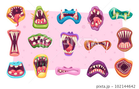 Scary mouth. Monsters expression faces exact vector illustrations of cartoon mouth 102144642