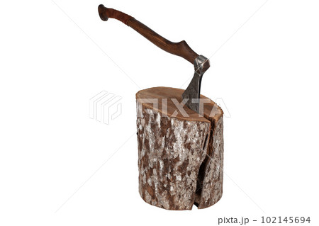 antique viking axe with wooden handle in wood log antique viking axe with wooden handle in wood log 102145694