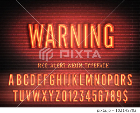 Soviet night light glow font with numbers. Warning sign with red narrow neon alphabet on brick wall background. Vector illustration 102145702