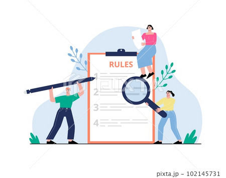 Rules list concept, company regulation and control workers. Important information and time management. Business corporate policy sapid vector scene 102145731