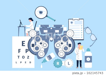 Ophthalmology concept with instrument for eye caring. Optometrist doctor, ophthalmologist in hospital. Clear vision medical recent vector scene 102145743