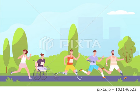 Disabled runners. Handicap athletes running paralympic athletics championship or run training outdoor marathon, runner on wheelchair Disabled runners. Handicap athletes running paralympic athletics championship or run training outdoor marathon, runner on wheelchair 102146623