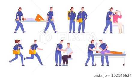First aid procedures. Paramedic worker rescue patients on stretcher in emergency situation, cpr training cardiac attack cardiopulmonary resuscitation, splendid vector illustration First aid procedures. Paramedic worker rescue patients on stretcher in emergency situation, cpr training cardiac attack cardiopulmonary resuscitation, splendid vector illustration 102146624