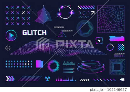 Retrofuturistic elements. Geometric y2k element, distorted grid wireframe for retro arcade or virtual game, neon rave 80s cyberpunk surreal memphis future pack vector illustration 102146627
