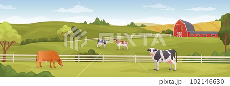Farm panoramic landscape. Rural farmland cartoon background, agriculture abundance with cow and farmhouse in spring field, countryside green meadow on ranch, vector illustration 102146630