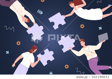 Coworkers assembling puzzle. Colleague group build jigsaw, employee help in problem, business cooperation process collaboration teamwork or teambuilding concept vector illustration 102146631