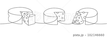Wheel cheese set one line continuous drawing. Different types of cheese continuous one line illustration. Vector minimalist linear illustration. 102146660