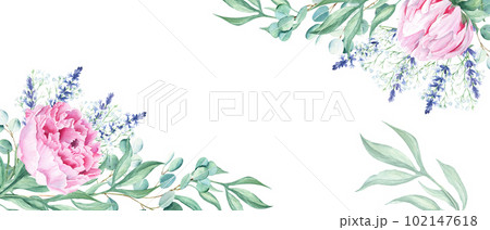 Floral watercolor banner, design frame. Pink peonies, eucalyptus and lavender branches. Hand drawn botanical illustration isolated on white background. Can be used for cards, wedding invitations Floral watercolor banner, design frame. Pink peonies, eucalyptus and lavender branches. Hand drawn botanical illustration isolated on white background. Can be used for cards, wedding invitations 102147618