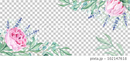 Floral watercolor banner, design frame. Pink peonies, eucalyptus and lavender branches. Hand drawn botanical illustration isolated on white background. Can be used for cards, wedding invitations Floral watercolor banner, design frame. Pink peonies, eucalyptus and lavender branches. Hand drawn botanical illustration isolated on white background. Can be used for cards, wedding invitations 102147618