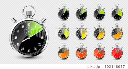 Realistic classic stopwatch. Shiny metal chronometer, time counter with dial. Colorful countdown timer showing minutes and seconds. Time measurement for sport, start and finish. Vector illustration 102148037
