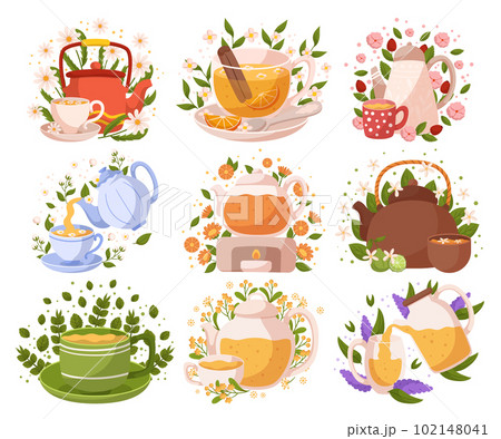 Set Of Herbal Tea Contains Various Natural Blends And Flavors, Ideal For Relaxation And Wellbeing, Vector Illustration 102148041