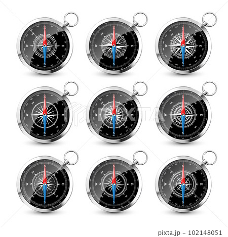 Vintage compass, marine wind rose with cardinal directions of North, East, South, West. Realistic silver navigational compass, shiny metal. Cartography and navigation. Vector illustration. 102148051