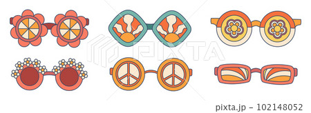 Groovy Sunglasses Set. Stylish And Trendy Eyewear Collection With Vibrant Colors, Funky Designs, And Uv Protection 102148052