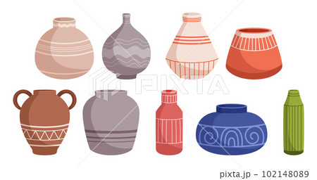 Colorful Set Of Vases With Unique Shapes And Patterns Perfect For Displaying Fresh Or Dried Flowers Cartoon Illustration 102148089