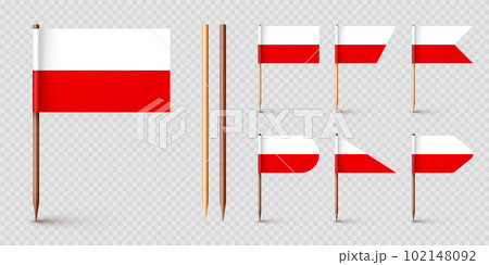 Polish toothpick flags. Souvenir from Poland. Wooden toothpicks with paper flag. Location mark, map pointer. Blank mockup for advertising and promotions. Vector illustration Polish toothpick flags. Souvenir from Poland. Wooden toothpicks with paper flag. Location mark, map pointer. Blank mockup for advertising and promotions. Vector illustration 102148092
