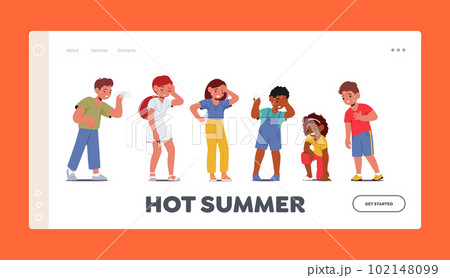 Hot Summer Landing Page Template. Children Characters Suffer from Extreme Heat. Kids with Red Faces, Sweat, Dehydration 102148099