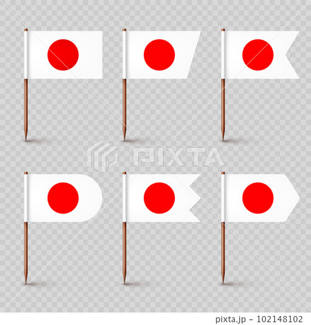 Realistic various Japanese toothpick flags. Souvenir from Japan. Wooden toothpicks with paper flag. Location mark, map pointer. Blank mockup for advertising and promotions. Vector illustration Realistic various Japanese toothpick flags. Souvenir from Japan. Wooden toothpicks with paper flag. Location mark, map pointer. Blank mockup for advertising and promotions. Vector illustration 102148102