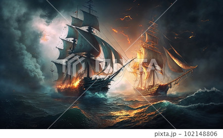 Battle of sea, old sailing ships in fire and...のイラスト