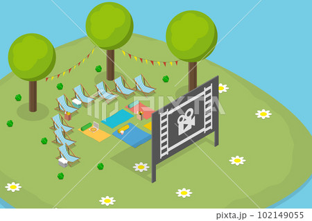 3D Isometric Flat Vector Conceptual Illustration of Outdoor Cinema 102149055