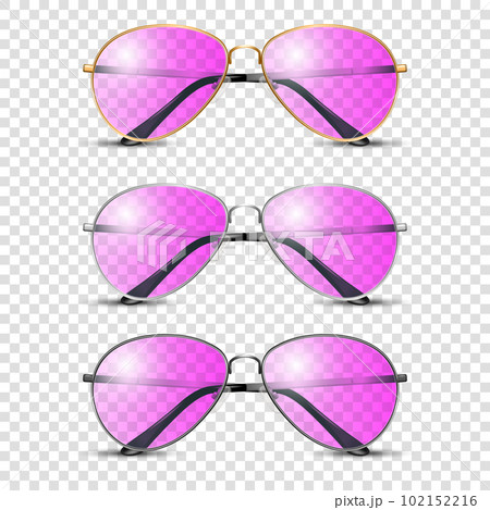 Vector 3d Realistic Frame Glasses with Pink Glass. Black, Golden, Silver Color Frame. Pink Transparent Sunglasses for Women and Men, Accessory. Optics, Lens, Vintage, Trendy Glasses. Front View Vector 3d Realistic Frame Glasses with Pink Glass. Black, Golden, Silver Color Frame. Pink Transparent Sunglasses for Women and Men, Accessory. Optics, Lens, Vintage, Trendy Glasses. Front View 102152216