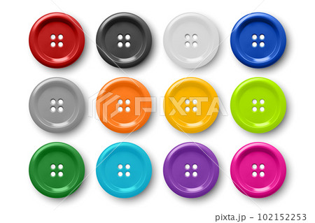 Vector 3d Realistic Buttons for Clothes Icon Set Closeup Isolated on White Background. Fashion, Art, Needlework, Sewing, Scrapbooking Decor. Round Clothes Button Collection, Top View 102152253